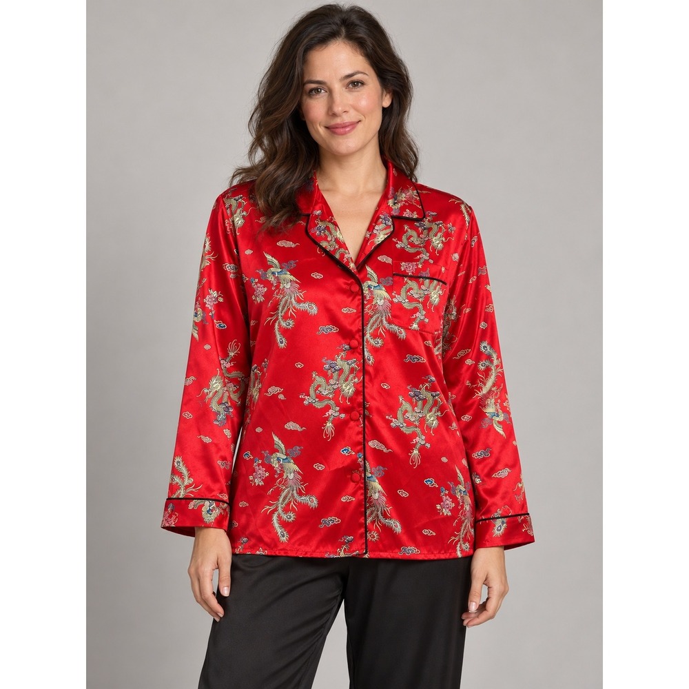 Fredericks of Hollywood Pajama Top Womens L Red Excellent Dragon Phoenix Satin